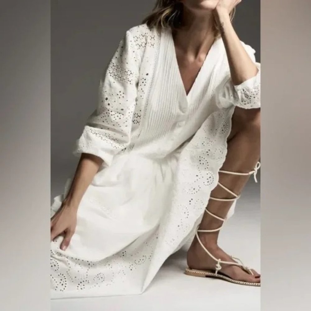 Zara boho long white cotton eyelet dress with balloon sleeves and tiered skirt